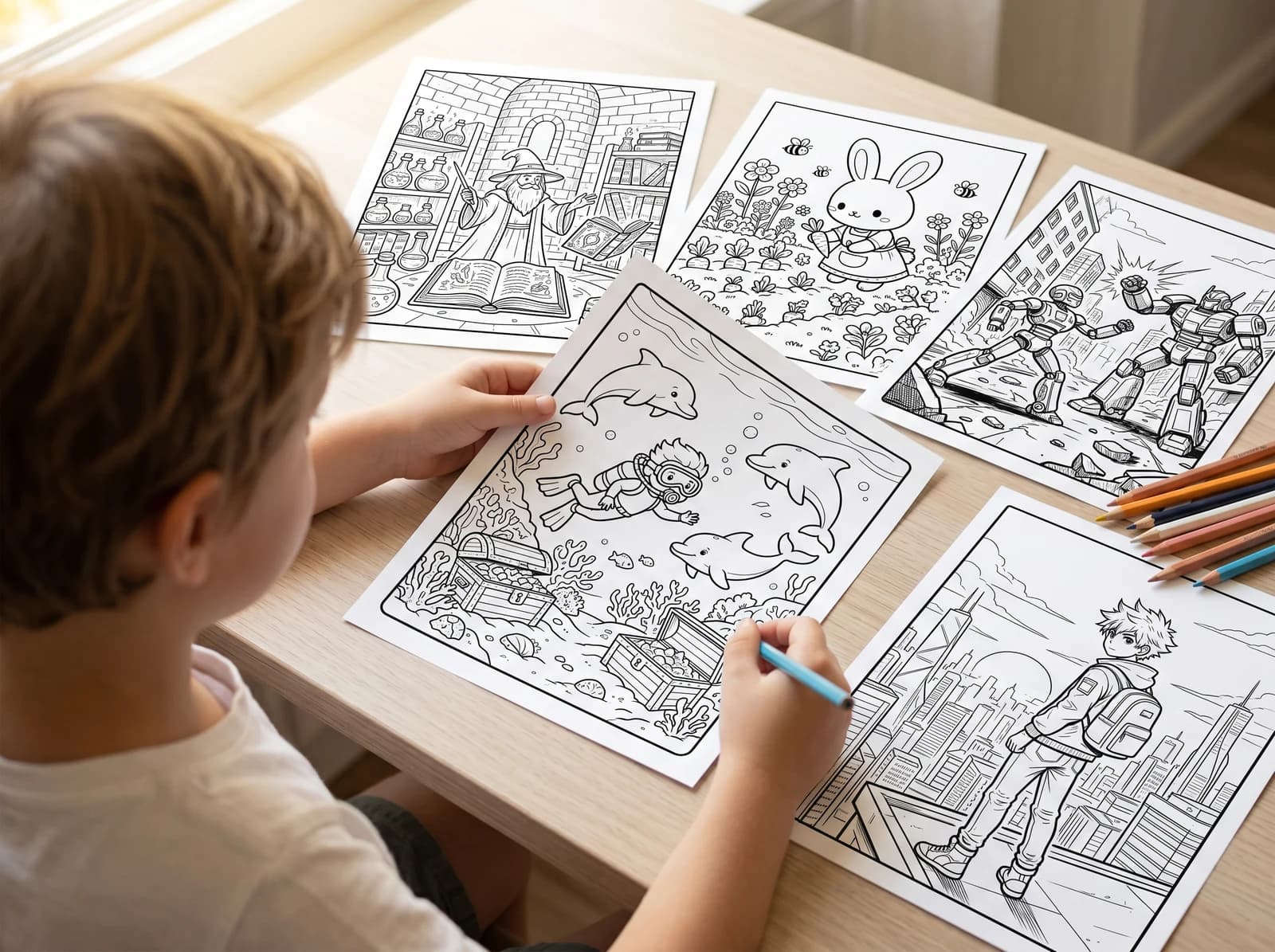 A child holding a freshly printed underwater colouring page surrounded by wizard, bunny, robot and anime hero pages