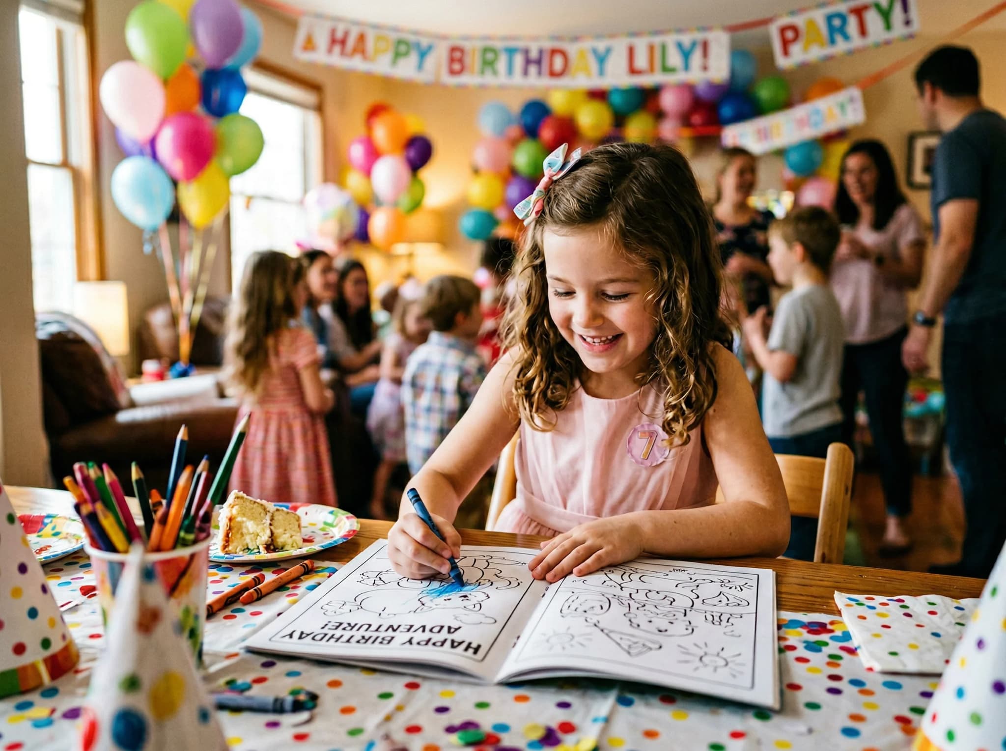A personalised birthday colouring book with a colourful cartoon animal party cover, surrounded by crayons and birthday confetti