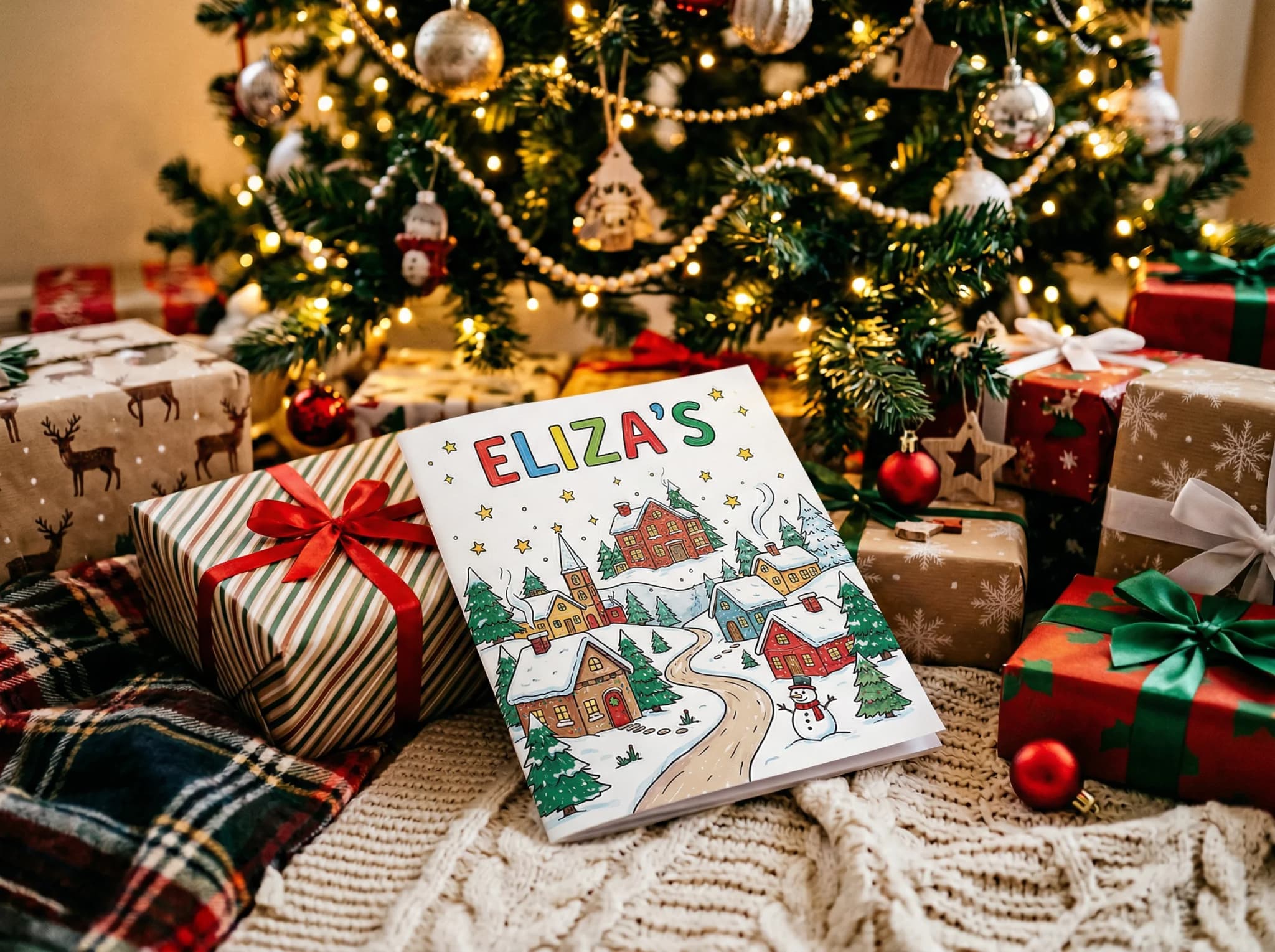 A personalised Christmas colouring book with Santa, reindeer and snowmen on the cover, alongside coloured pencils and festive decorations