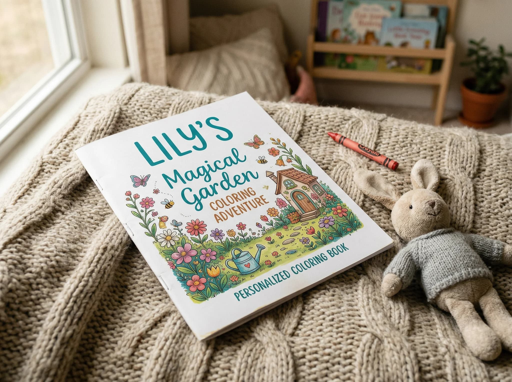 Lily's Magical Garden — a personalised colouring book for grandchildren with a whimsical garden cover, resting on a knitted blanket beside a crayon and stuffed bunny