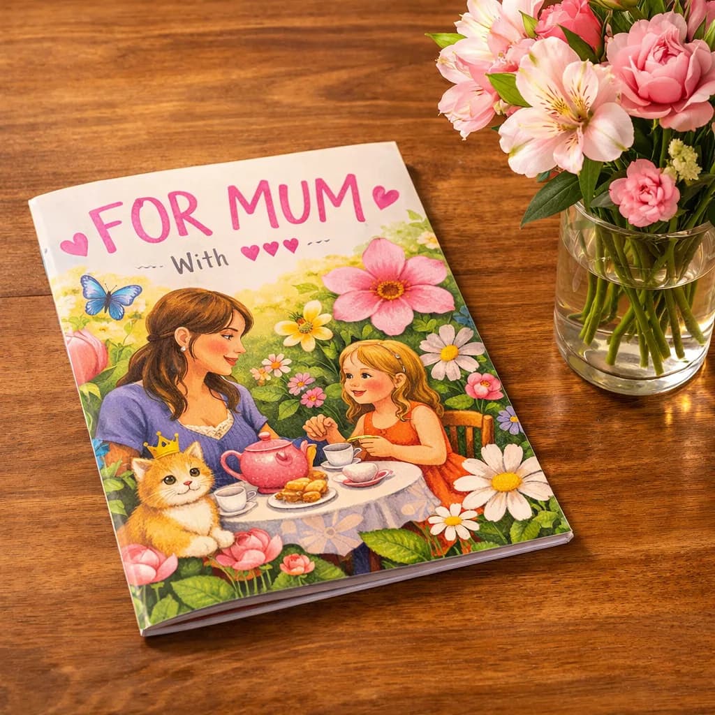 A personalised Mother's Day colouring book showing a mum and child having a garden tea party with a cat wearing a crown, next to fresh flowers