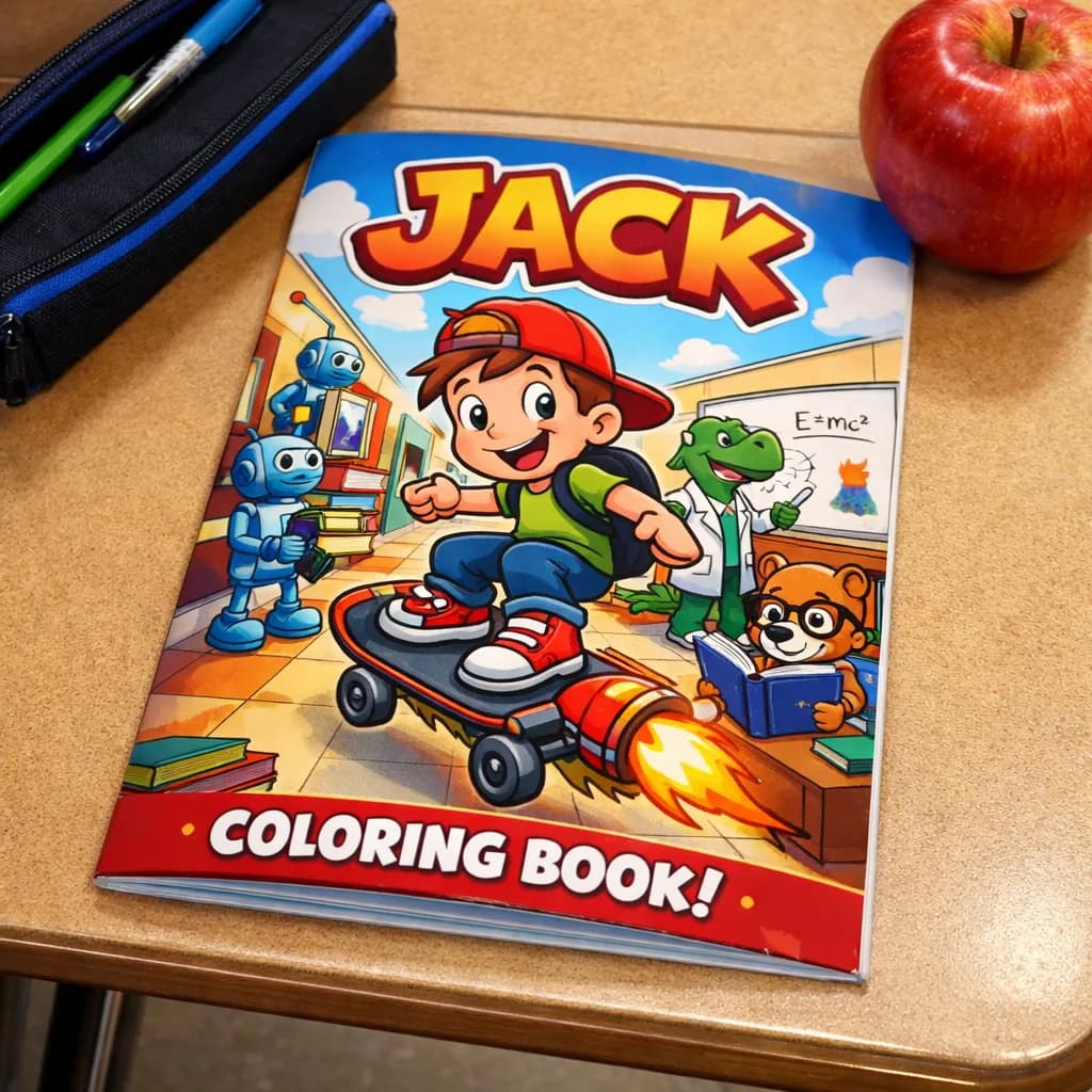 A personalised back to school colouring book showing a kid on a rocket skateboard with robots and a dinosaur teacher, with the name Jack on the cover