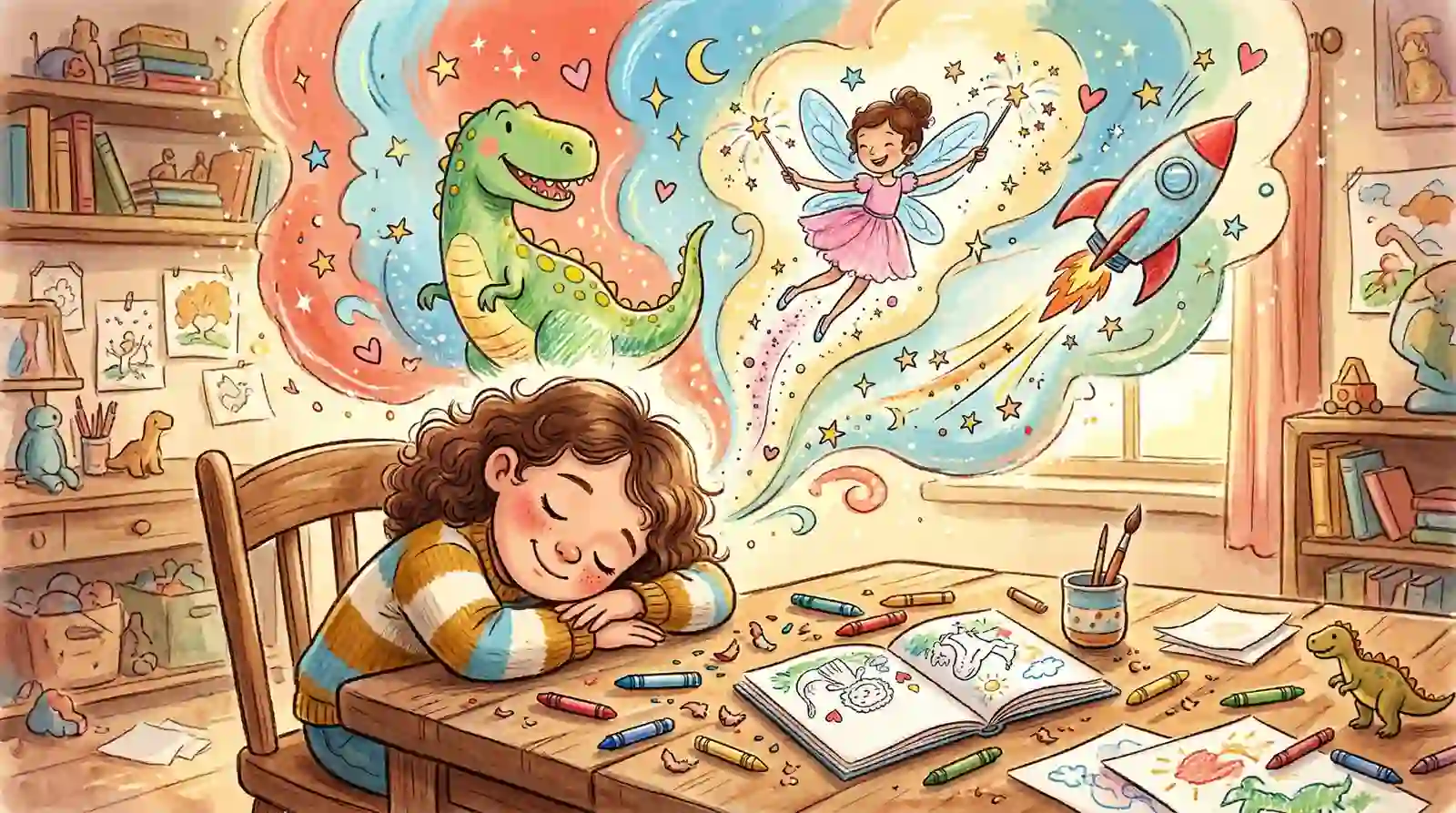 A child dreaming of coloring book characters coming to life — dinosaurs, fairies, and rockets burst from their imagination