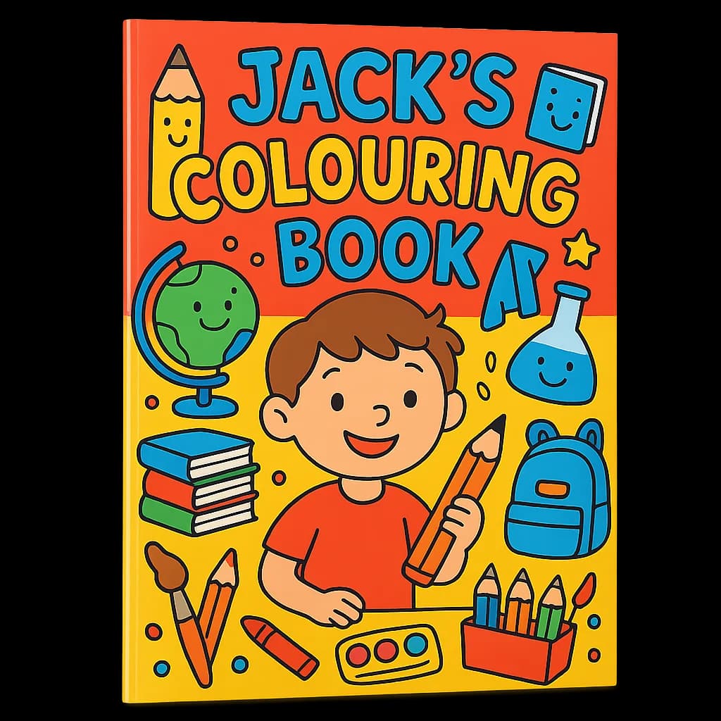 Jack's personalised back to school colouring book with school supplies and fun characters