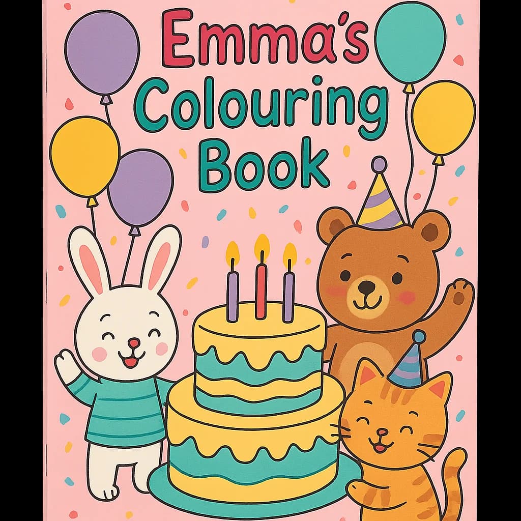 Emma's personalised birthday colouring book with colourful party theme cover