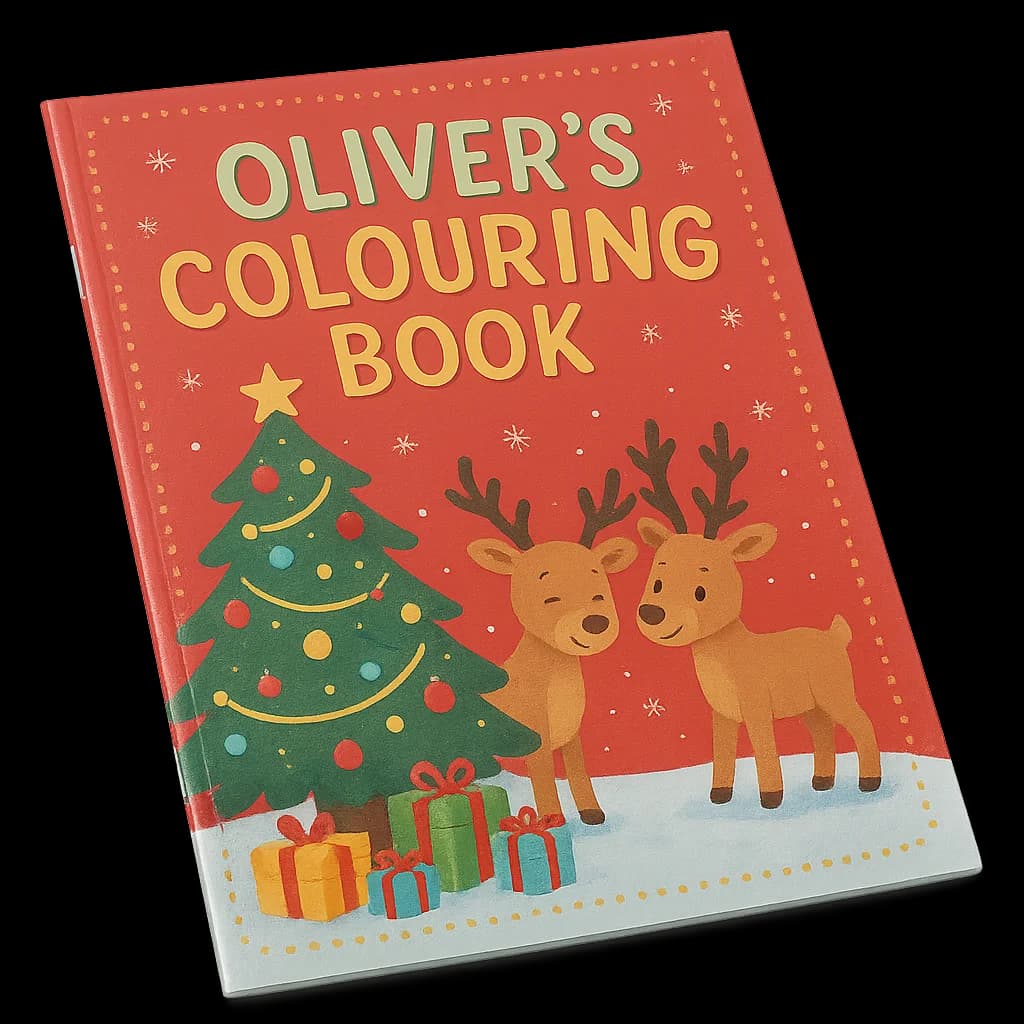 Oliver's personalised Christmas colouring book with festive holiday cover art