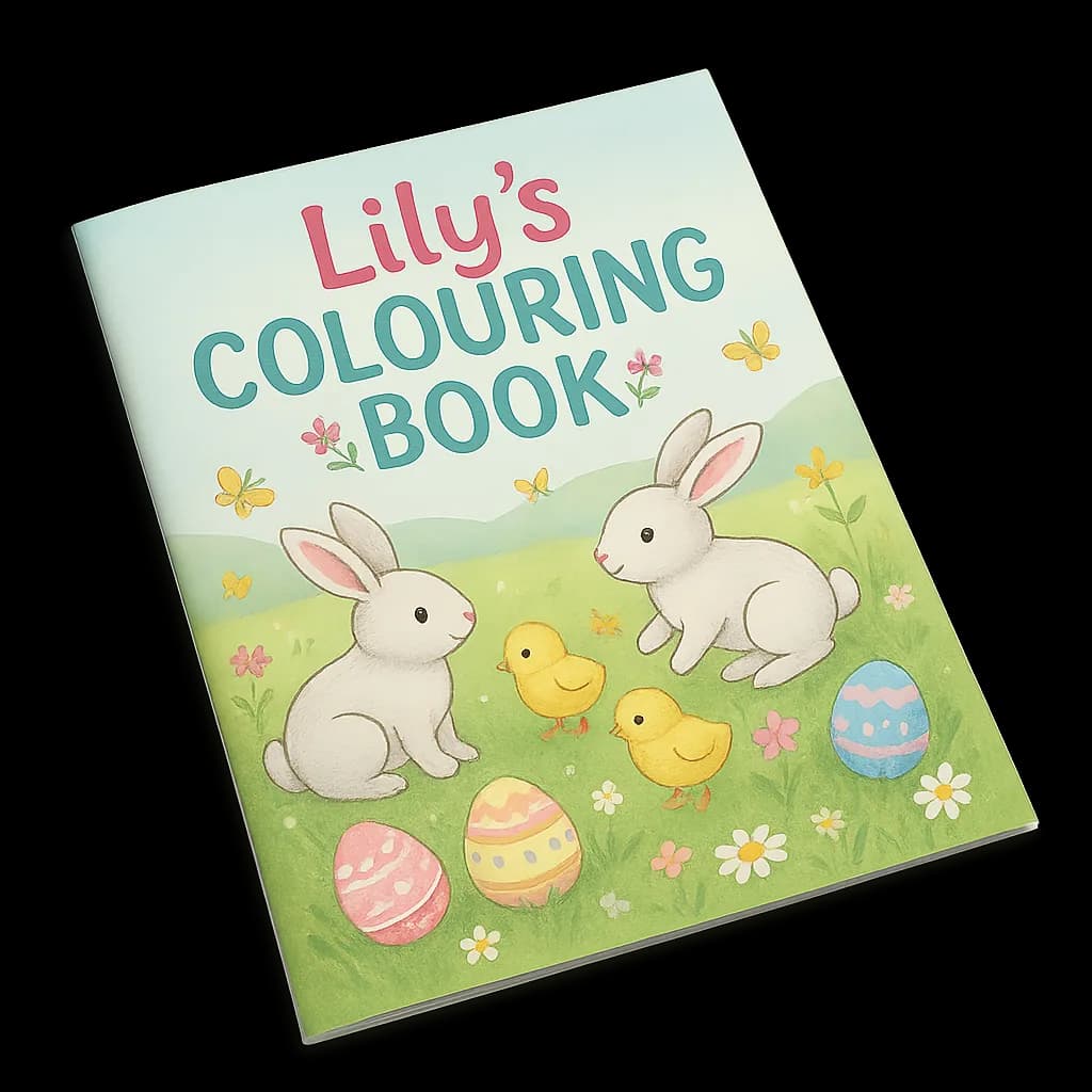 Lily's personalised Easter colouring book with bunnies, eggs, and springtime cover