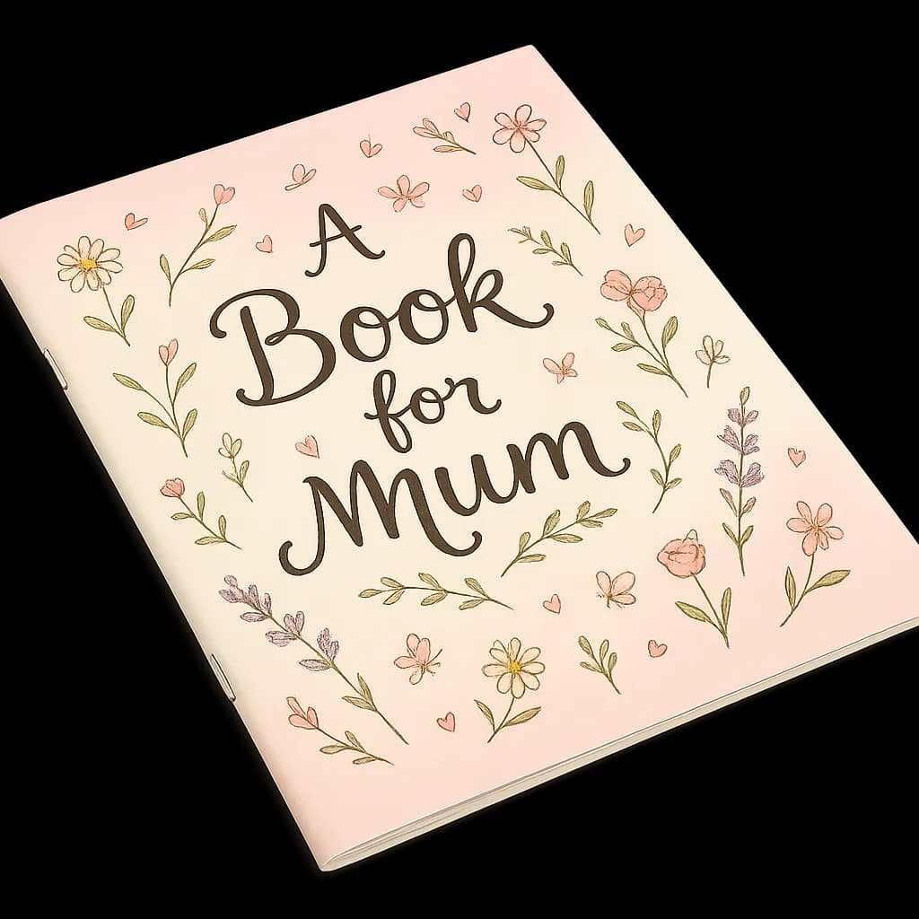 A personalised Mother's Day colouring book titled A Book for Mum with a floral garden cover
