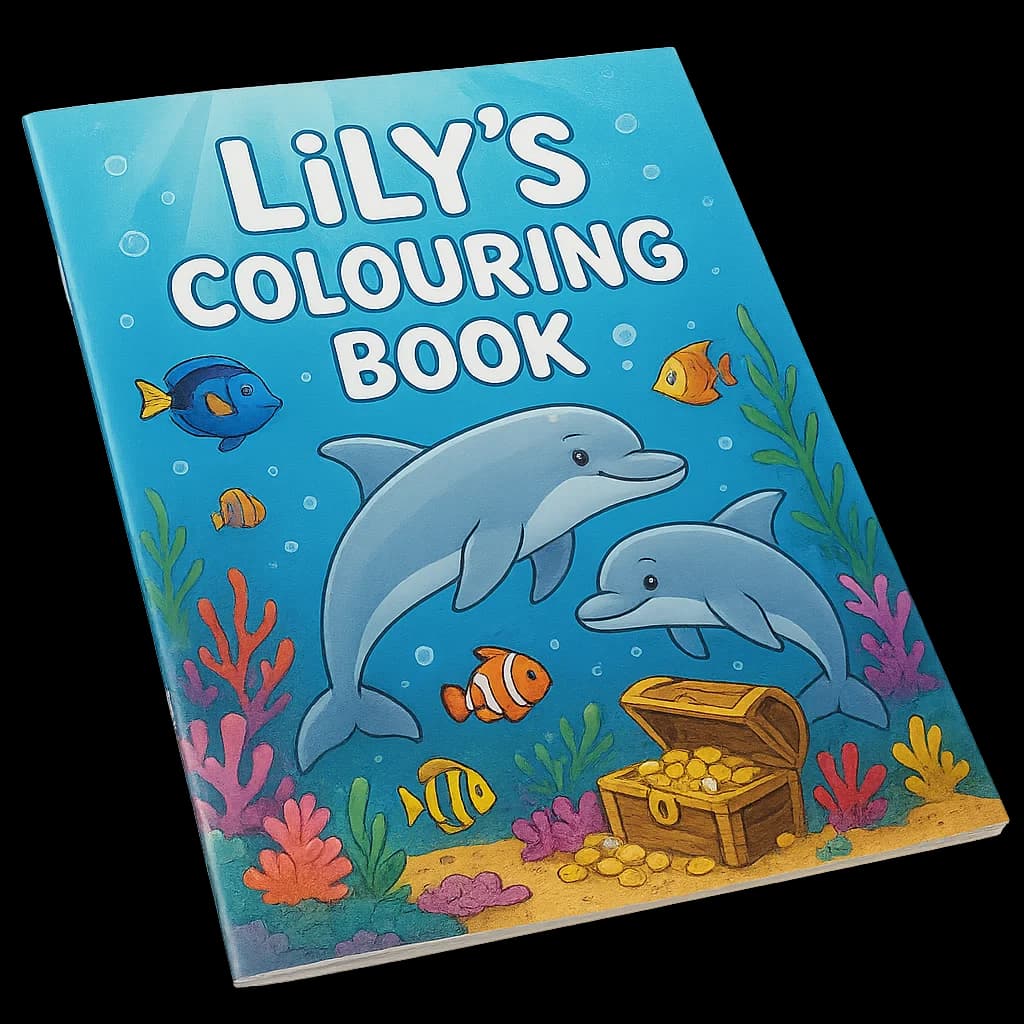 Livre de coloriage personnalisé de Lily sur le thème sous-marin avec des dauphins et de la vie marine en couverture