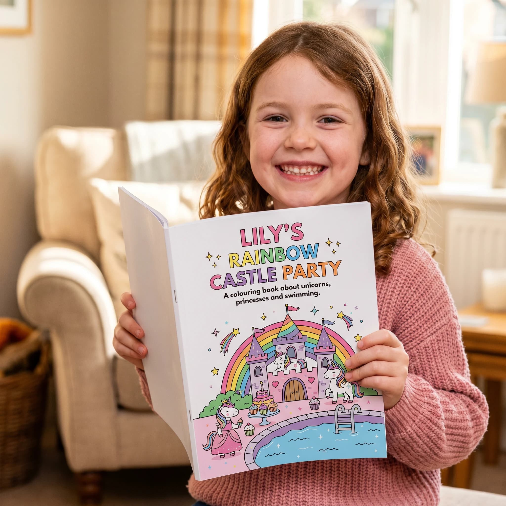 Child holding a personalised dragon colouring pages book