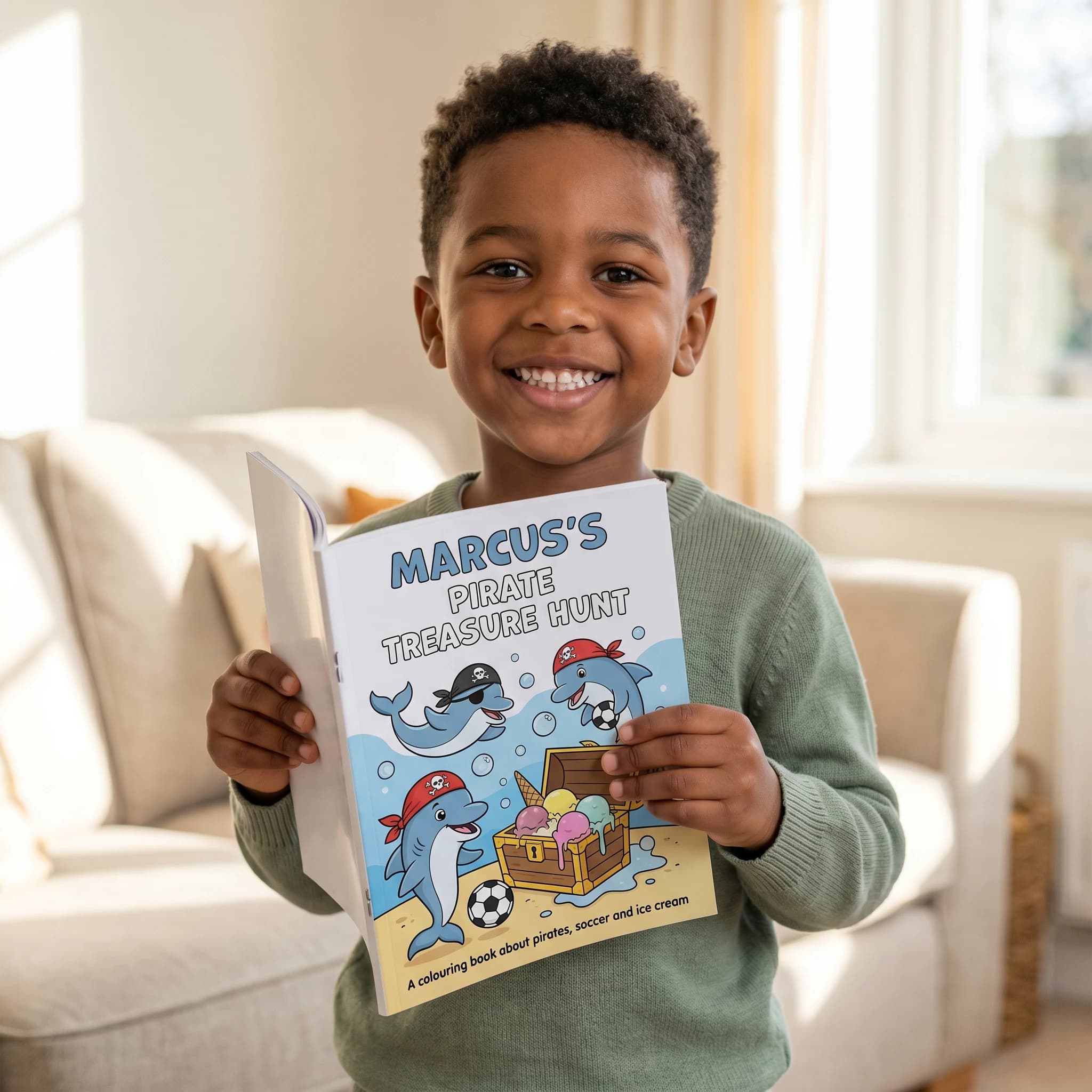 Child holding a personalised dolphin colouring pages book