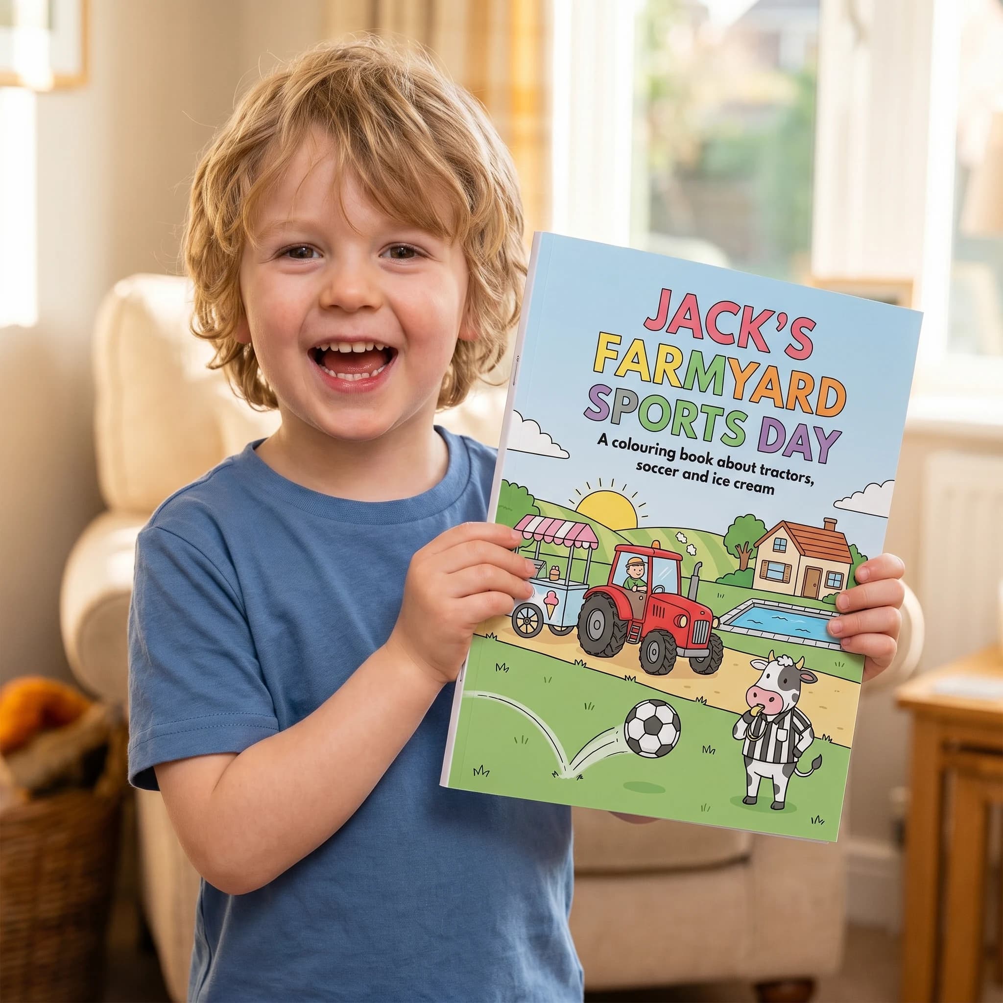 Child holding a personalised cat colouring pages book